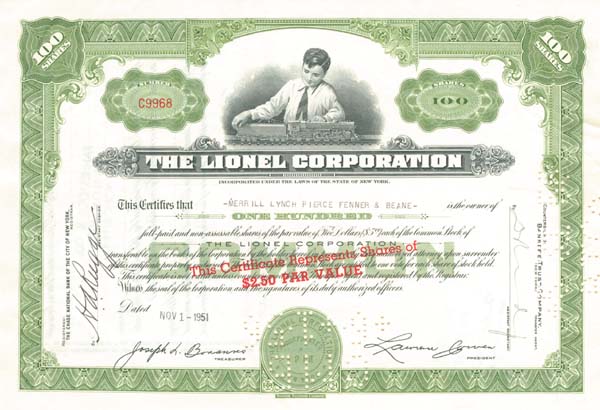 Lionel Corporation - Famous Toy Train Co. - Stock Certificate